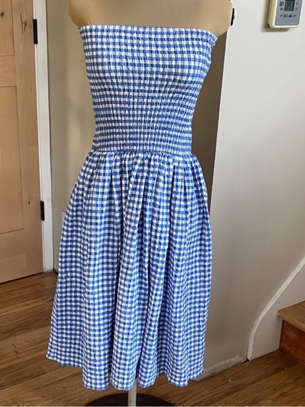 Anthropologie Maeve Strapless Smocked Gingham Petite Midi dress